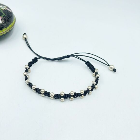 Braided Bracelet Black With Silver Beads and Sliding Closure - Picture 8 of 9